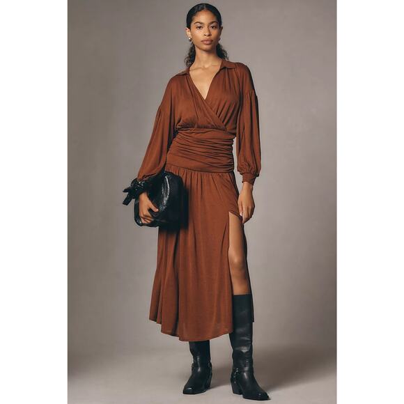 Maeve Anthropologie Wool Blend V-Neck Ruched Midi Dress Cedar Brown Size M NWT - Picture 1 of 12